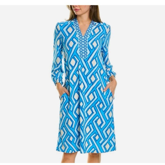 J. McLaughin Dress Ember Vilhada Geo Print Small Blue Catalina Cloth pockets - Picture 1 of 13